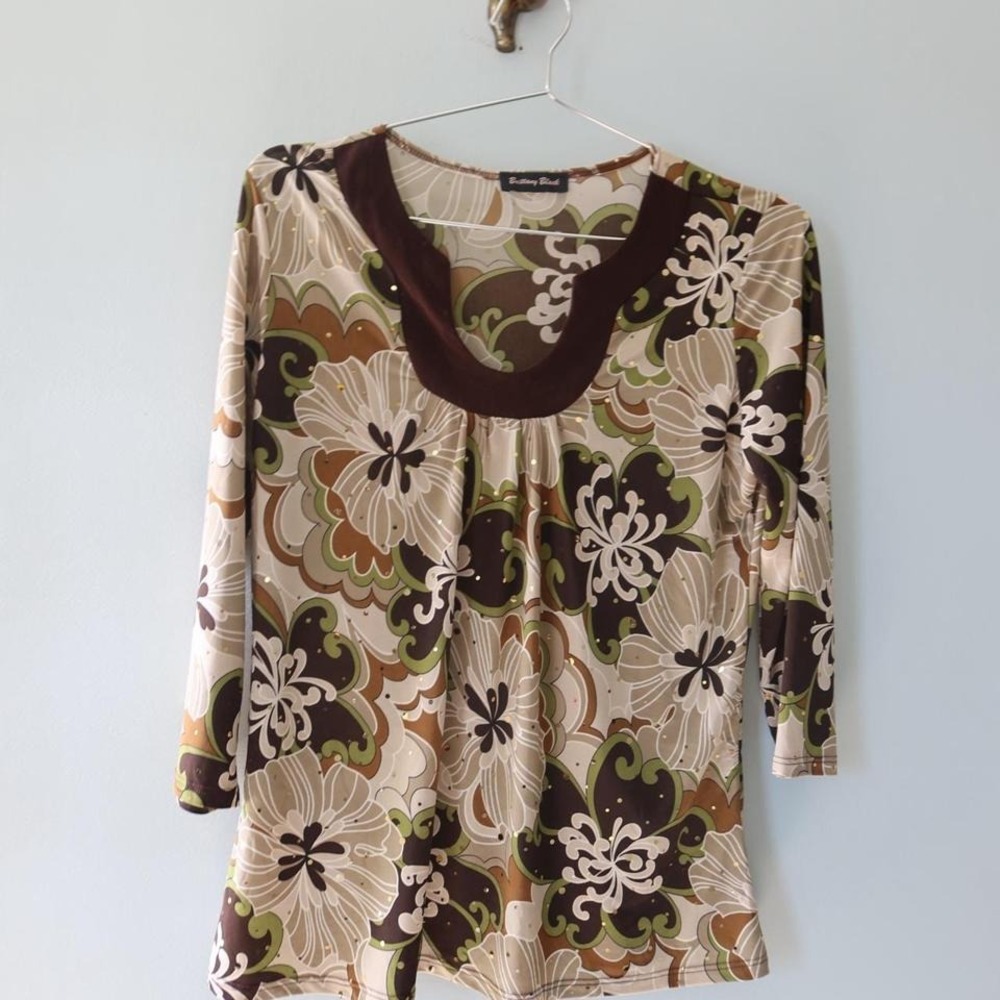 Brittany Black‎ brown and green floral print long sleeve top